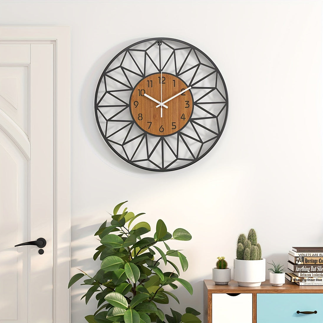 Black Metal and Wood Grain Wall Clock
