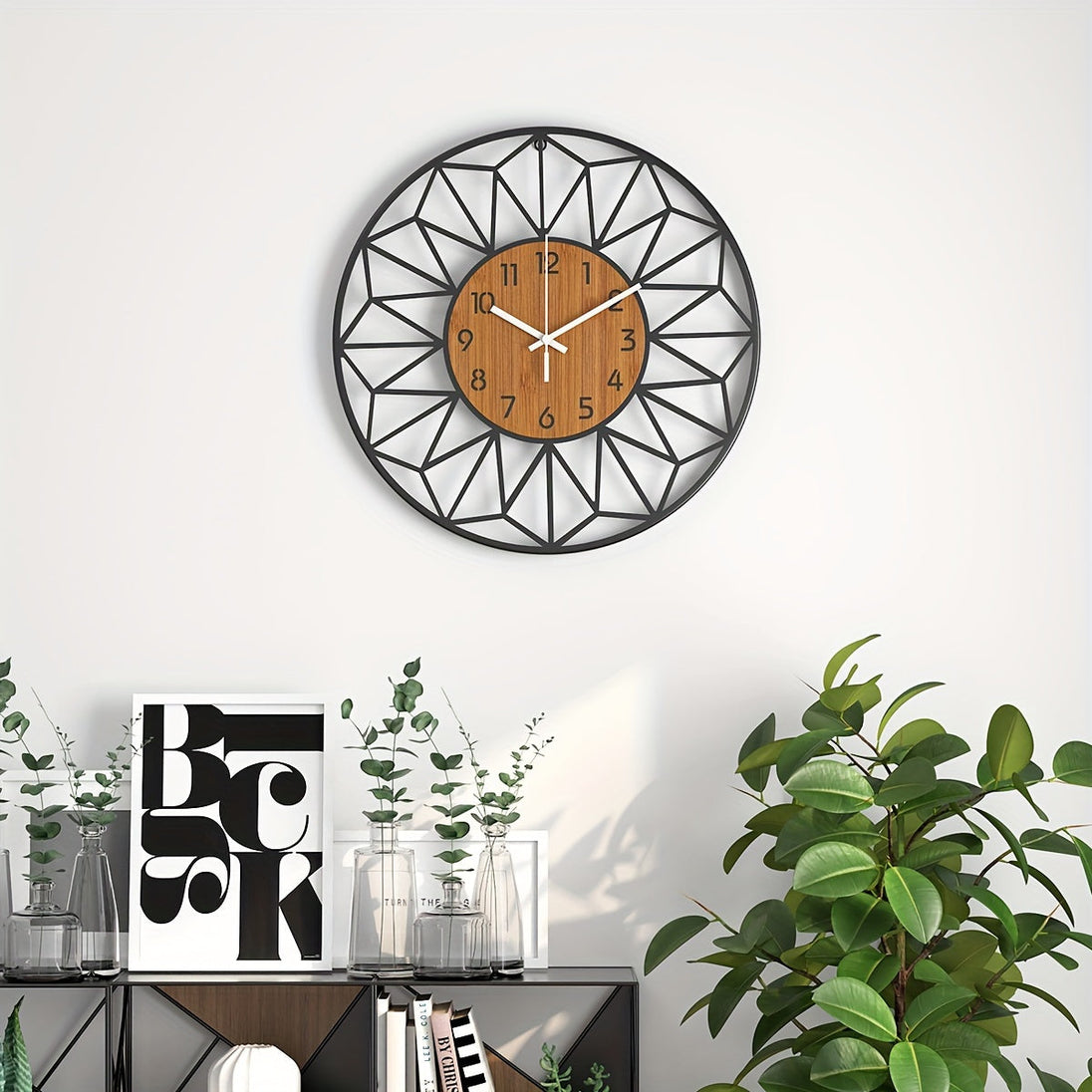 Black Metal and Wood Grain Wall Clock