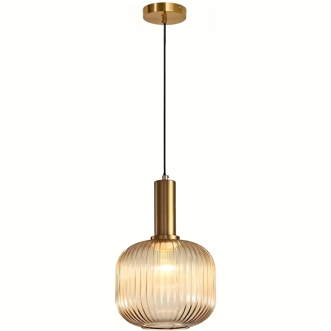 Brass & Striped Glass Ceiling Light in Amber