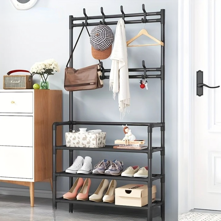 Coat Rack with Shoe Storage Shelves in Black