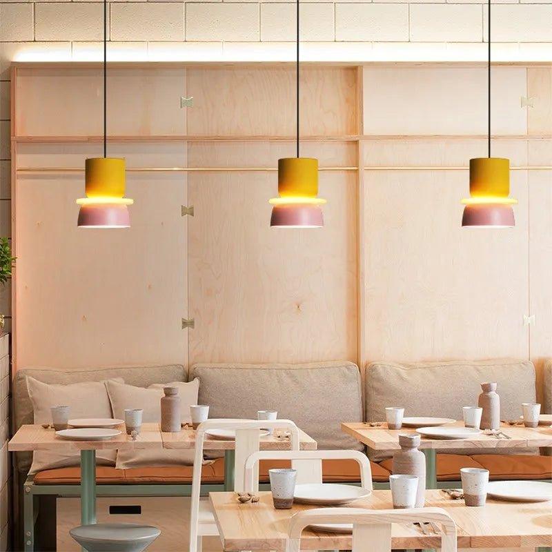 Colourful Metal LED Pendant Light – in a room setting