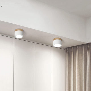 Cylindrical Flush-Mount Ceiling Light with Wood Trim