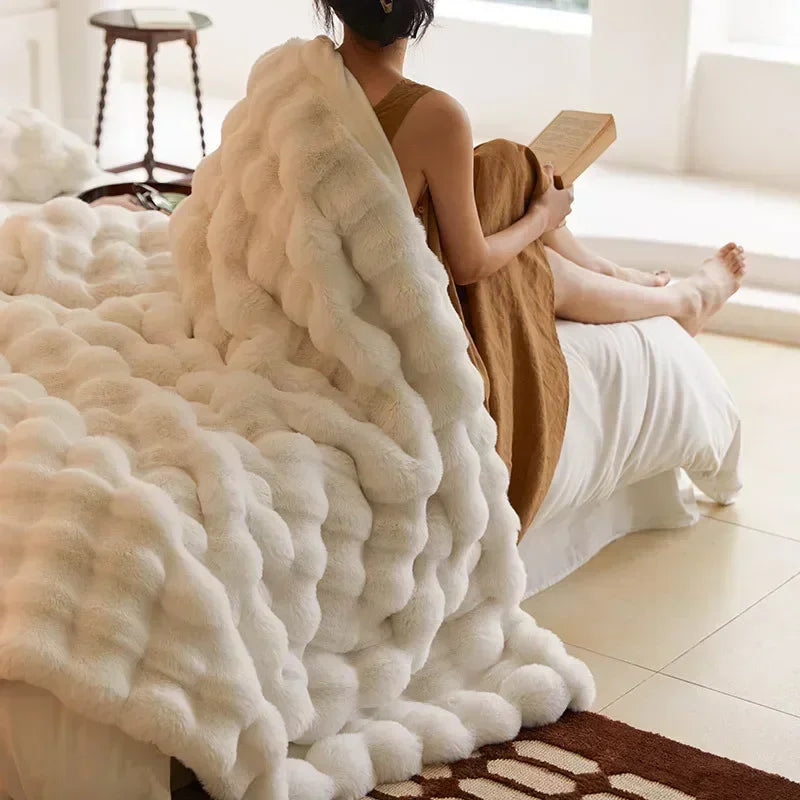 Fluffy Faux Fur Throw Blanket in White