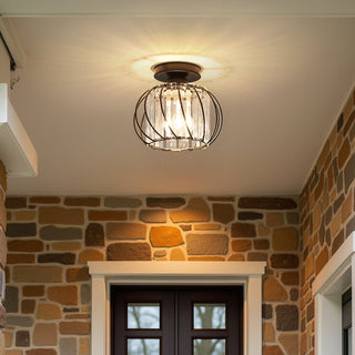 Flush-Mount Ceiling Light with Caged Glass Shade and Metallic Frame