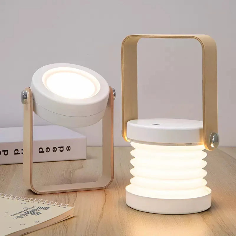 Foldable Lantern Lamp with Wooden Handle – White