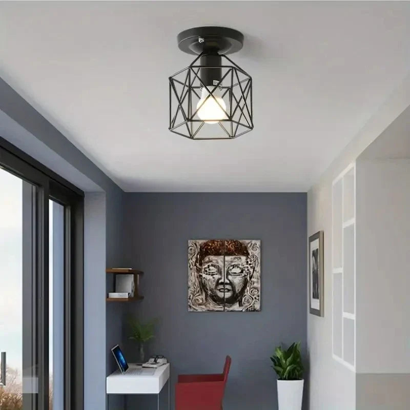 Geometric Metal Cage Ceiling Light – Black