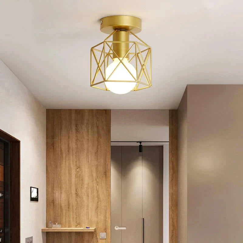 Geometric Metal Cage Ceiling Light – Gold