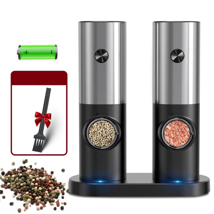 Gravity Electric Salt and Pepper Mill with LED – Silver Pair with Base