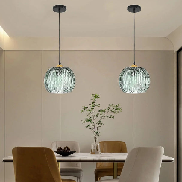 Green Ribbed Glass Pumpkin Pendant Light