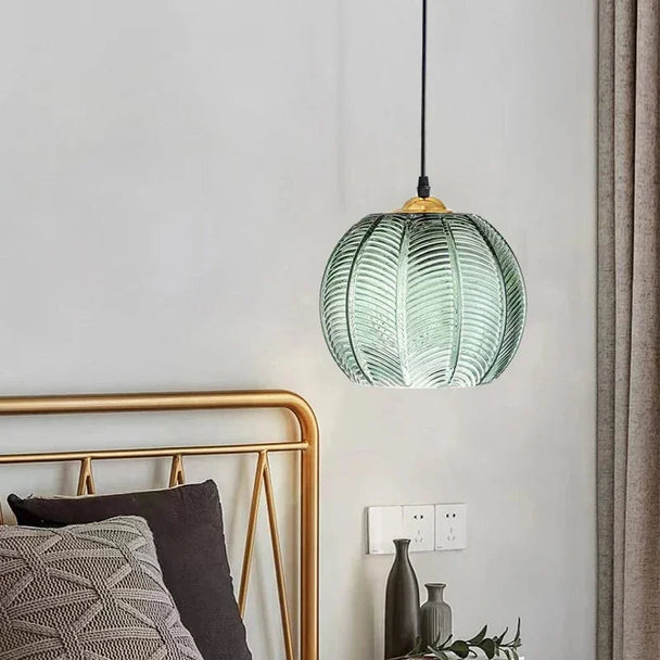 Green Ribbed Glass Pumpkin Pendant Light