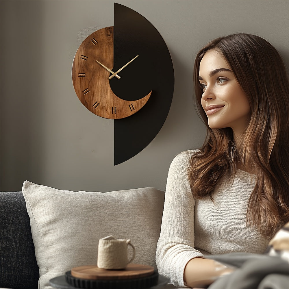 Half-Moon Wood and Black Wall Clock