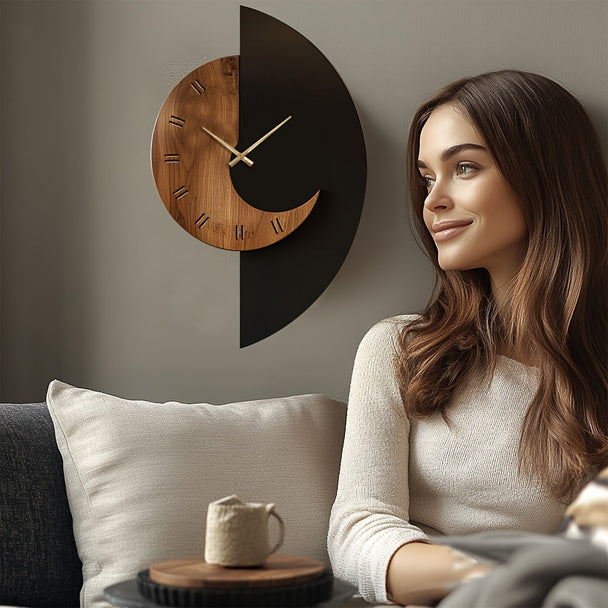 Half-Moon Wood and Black Wall Clock