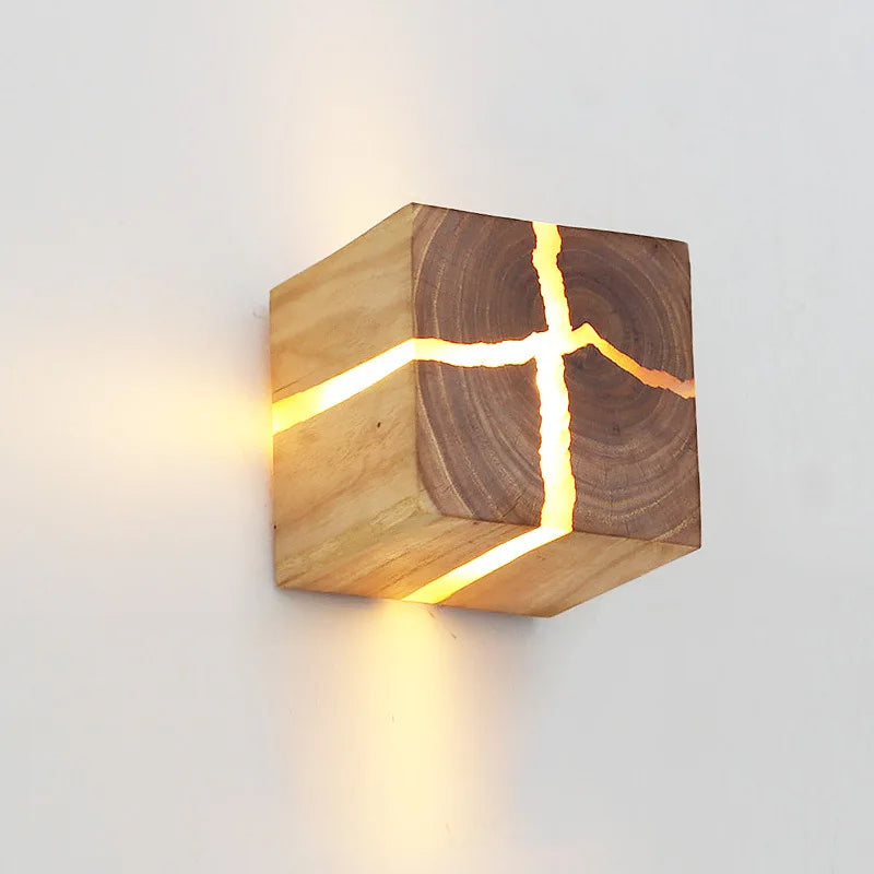 Hand-Carved Wood and Resin Cube Light