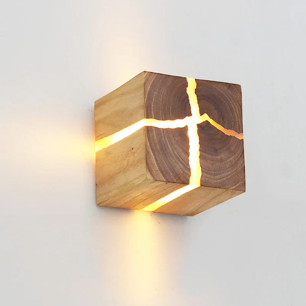 Hand-Carved Wood and Resin Cube Light