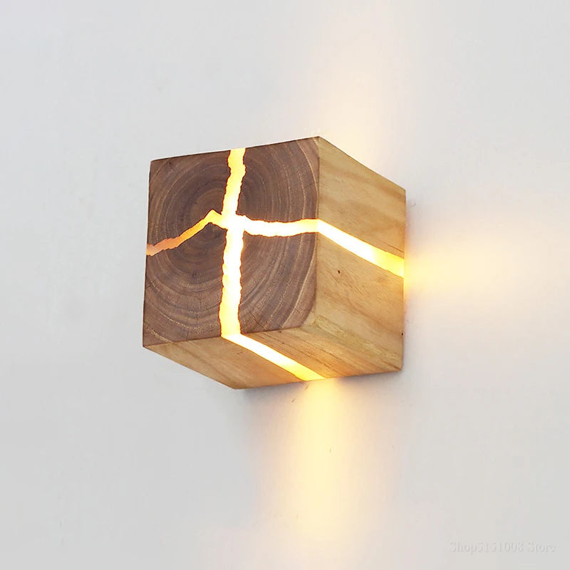 Hand-Carved Wood and Resin Cube Light – Hardwired Wall Light