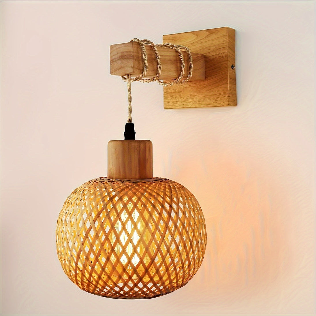 Rattan and Wood Wall Sconce