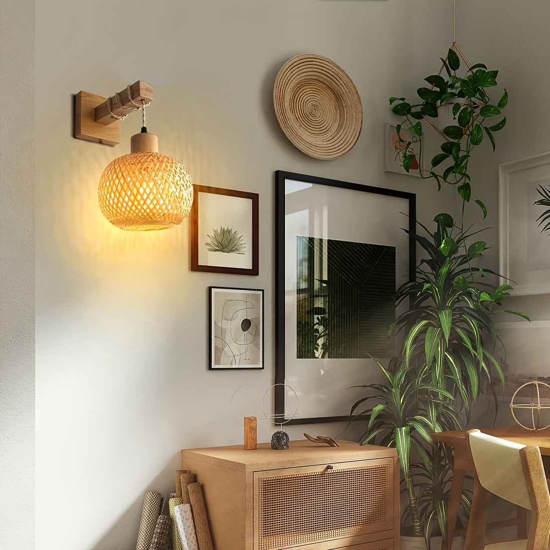 Rattan and Wood Wall Sconce – detail view