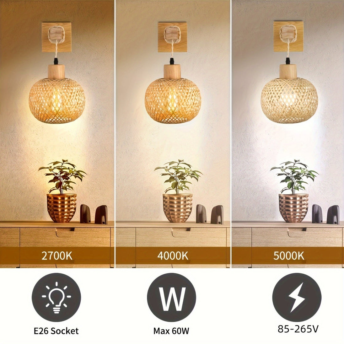Rattan and Wood Wall Sconce – close-up