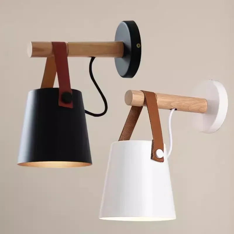 Wood and Leather Strap Wall Lamp