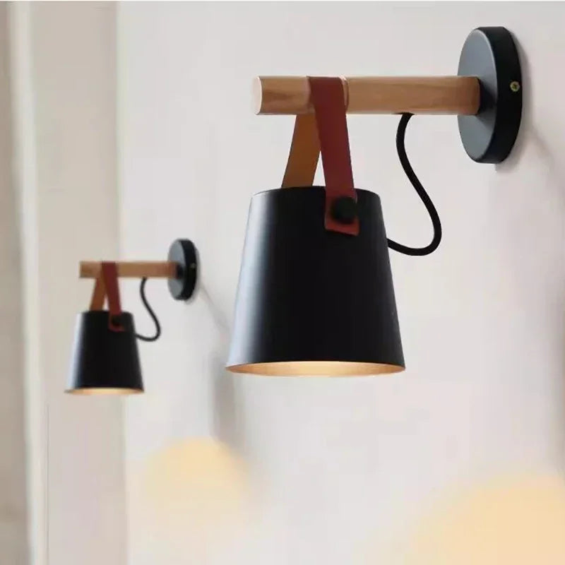 Wood and Leather Strap Wall Lamp