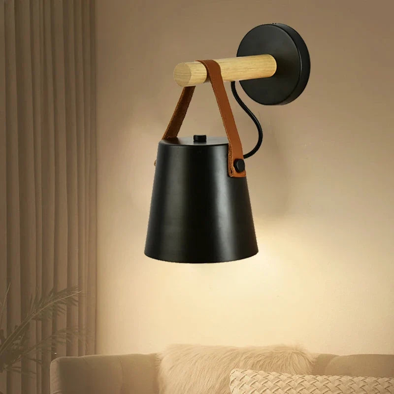 Wood and Leather Strap Wall Lamp – Black