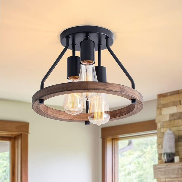 Industrial Wood Ring 3-Light Ceiling Light