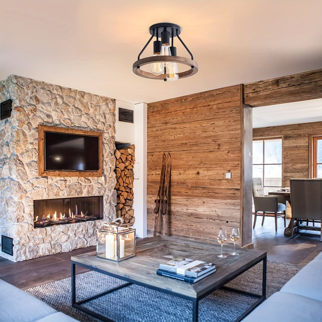 Industrial Wood Ring 3-Light Ceiling Light