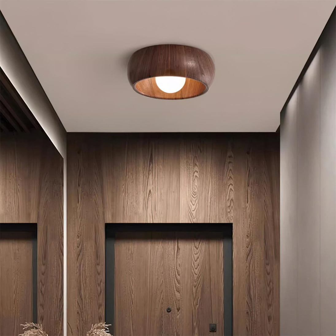 Round Wooden LED Ceiling Light – styled view