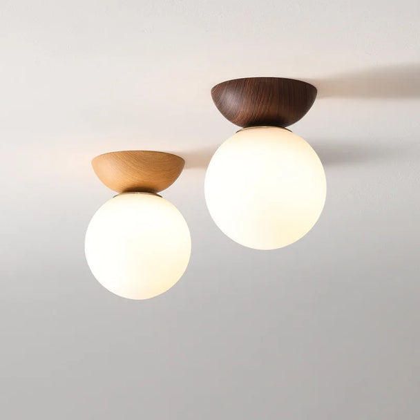 Opal Glass Globe Light with Wood Finish