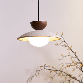 Pendant Light with Tiered Wood and Travertine Shade