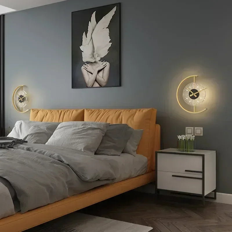 Gold LED Wall Light with Clock – detail view