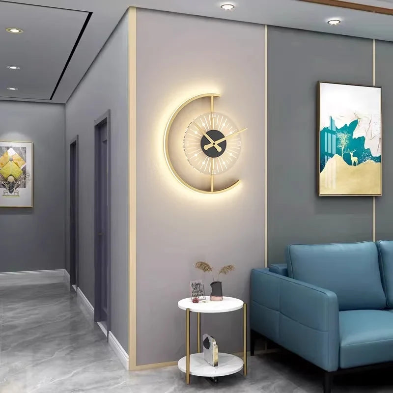 Gold LED Wall Light with Clock – close-up
