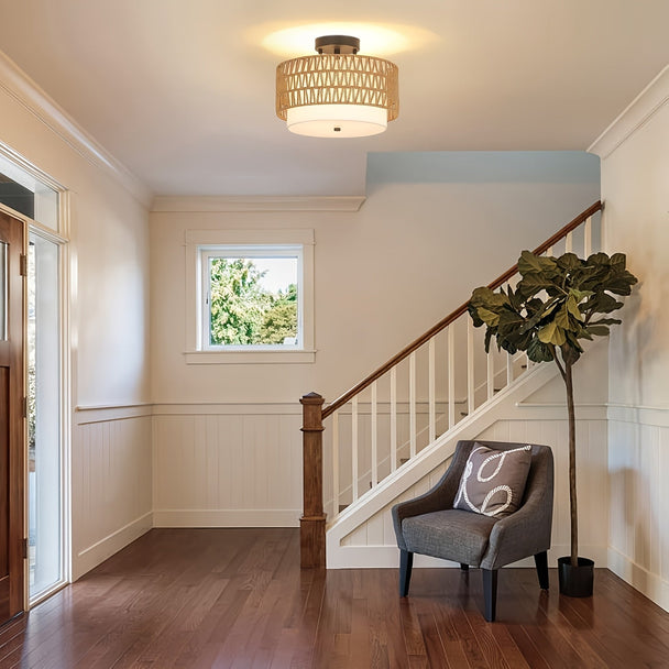 Rattan-Look Semi-Flush Ceiling Light