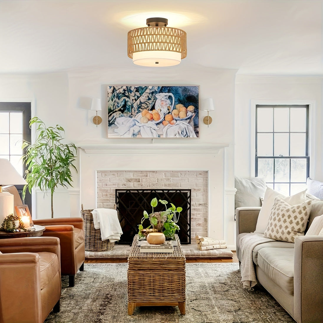 Rattan-Look Semi-Flush Ceiling Light