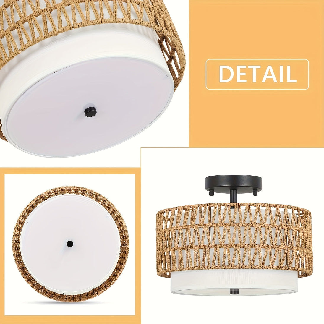 Rattan-Look Semi-Flush Ceiling Light