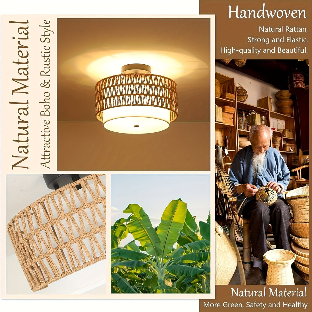 Rattan-Look Semi-Flush Ceiling Light