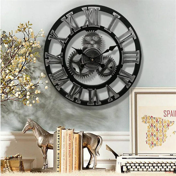 Retro Industrial Wooden Wall Clock in Black