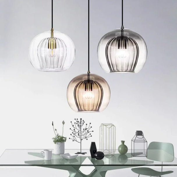 Ribbed Glass Globe Pendant Light in Clear