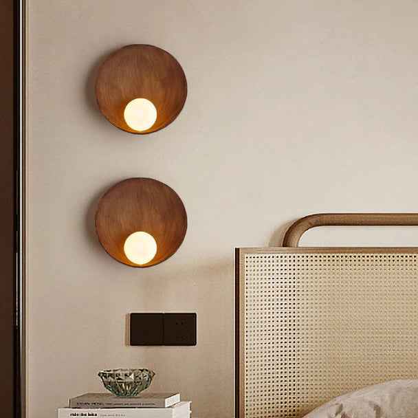 Round Resin and Frosted Glass Wall Sconce – Wood Tone