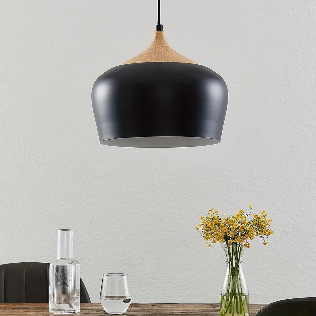 Iron and Wood-Grain Pendant Light – in a room setting
