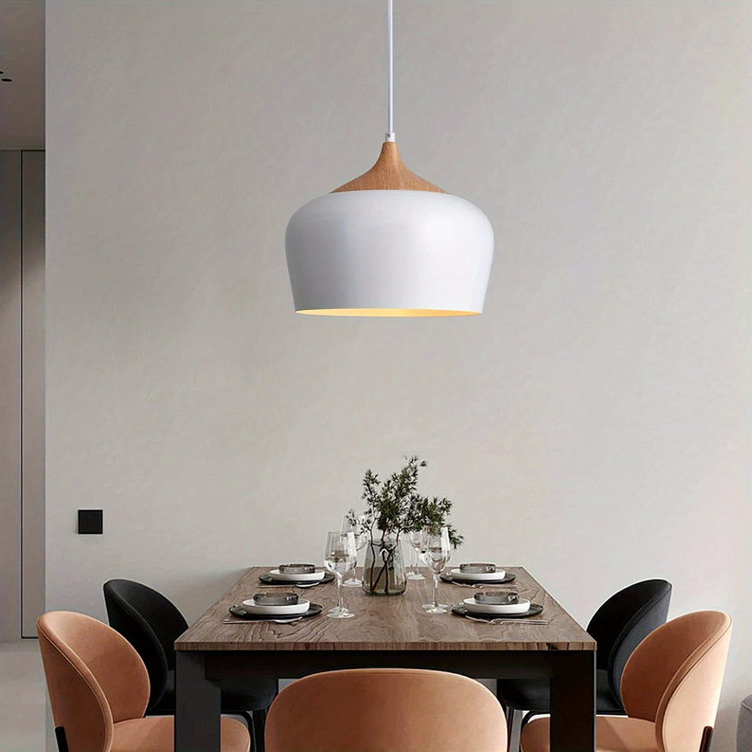 Iron and Wood-Grain Pendant Light – styled view