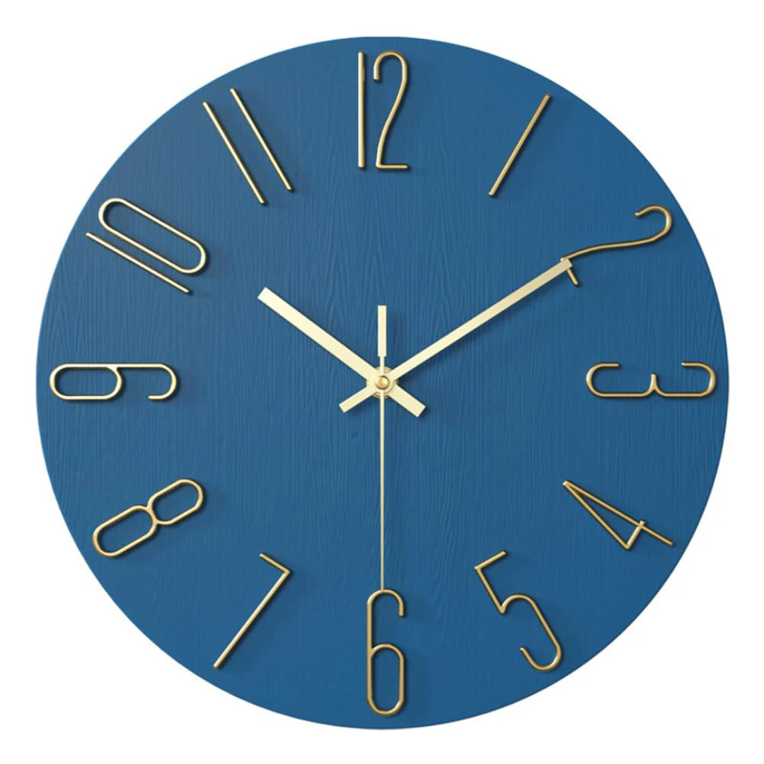 Round Wall Clock with Gold Numerals in Blue