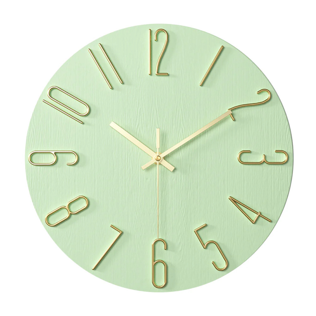 Round Wall Clock with Gold Numerals in Mint Green
