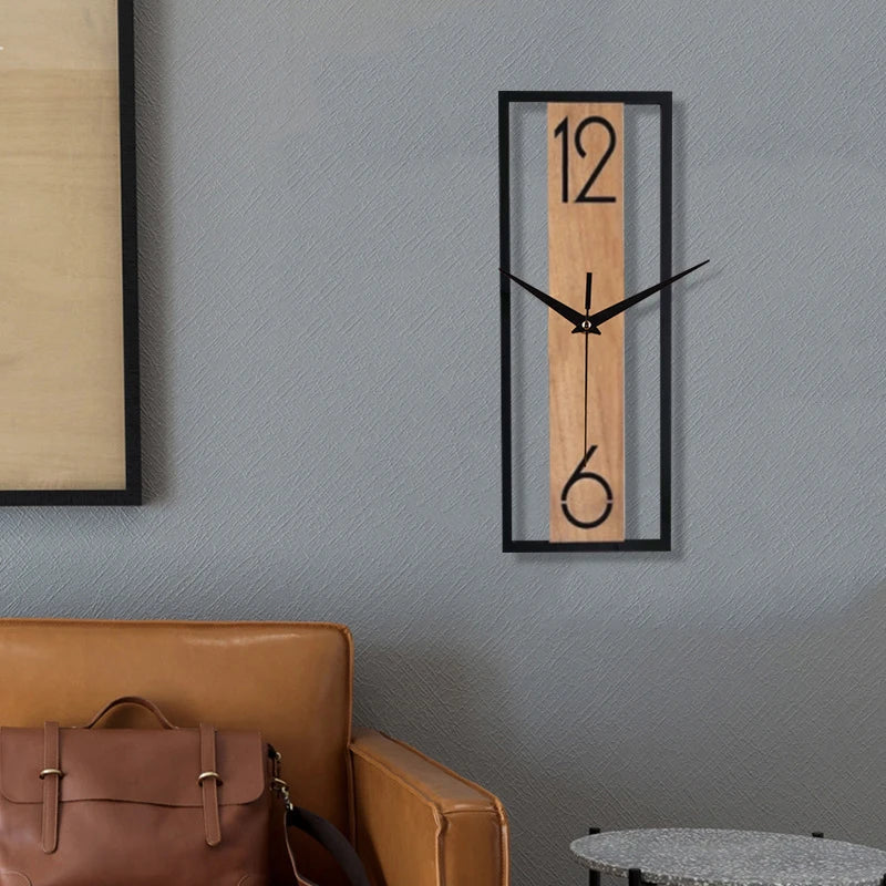 Rectangular Wood and Metal Wall Clock – detail view
