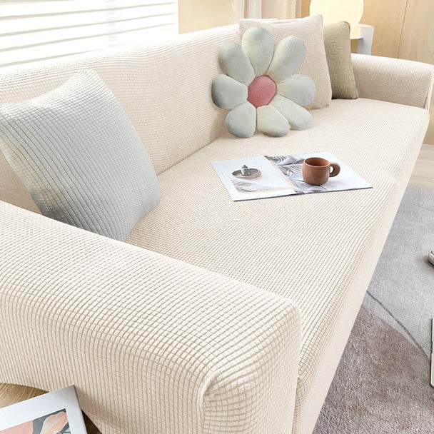 Stretch Sofa Cover with Non-Slip Strips in Beige White