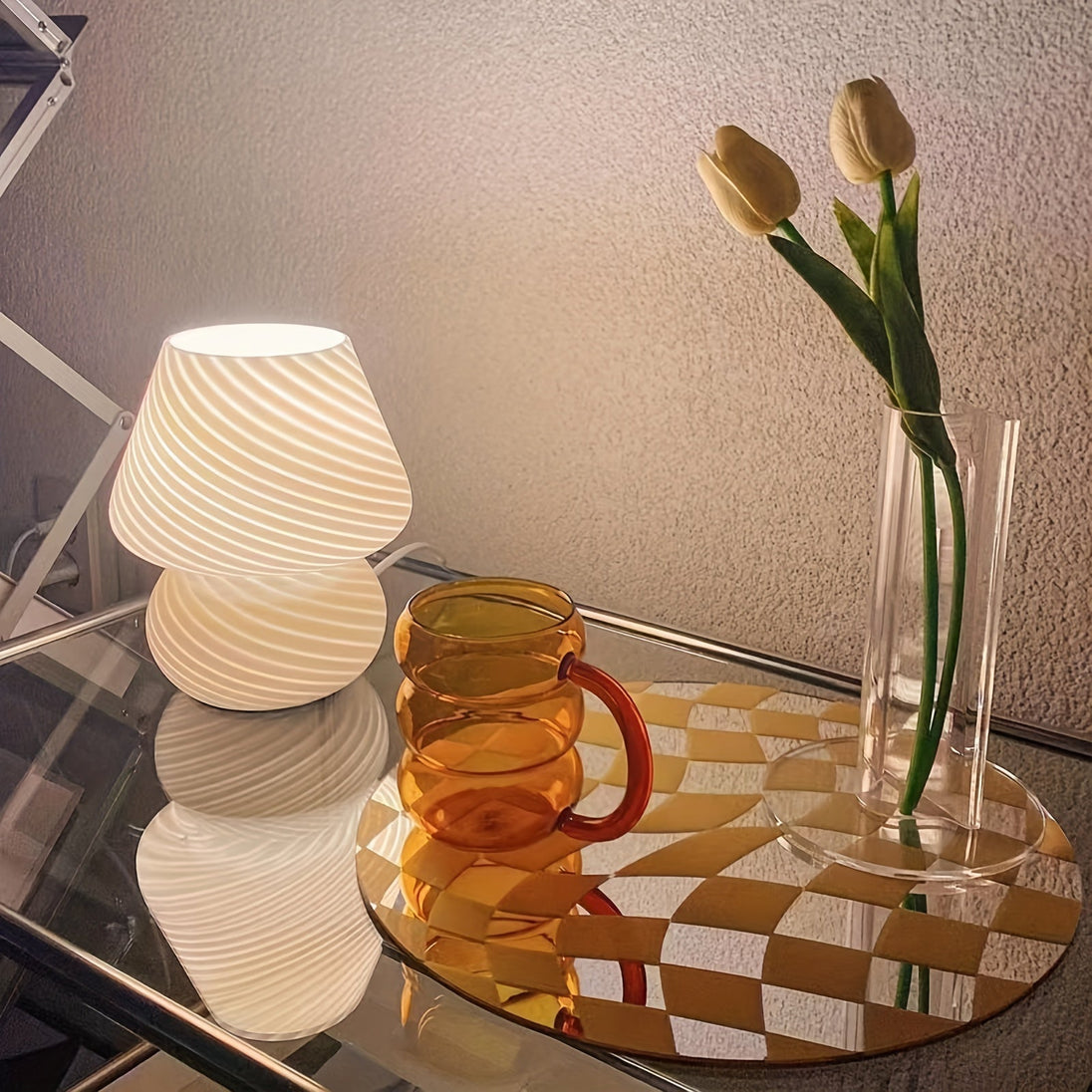 Swirled Glass Mushroom Lamp – styled view