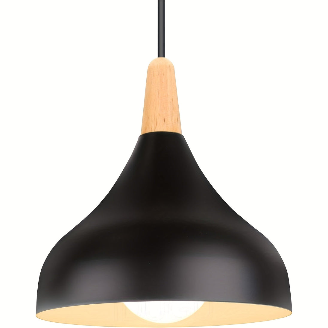 Teardrop Metal Pendant Light with Wood Accent – Black
