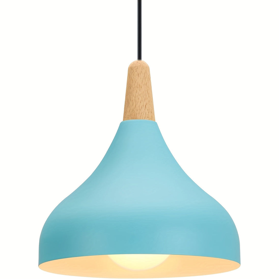 Teardrop Metal Pendant Light with Wood Accent – Blue