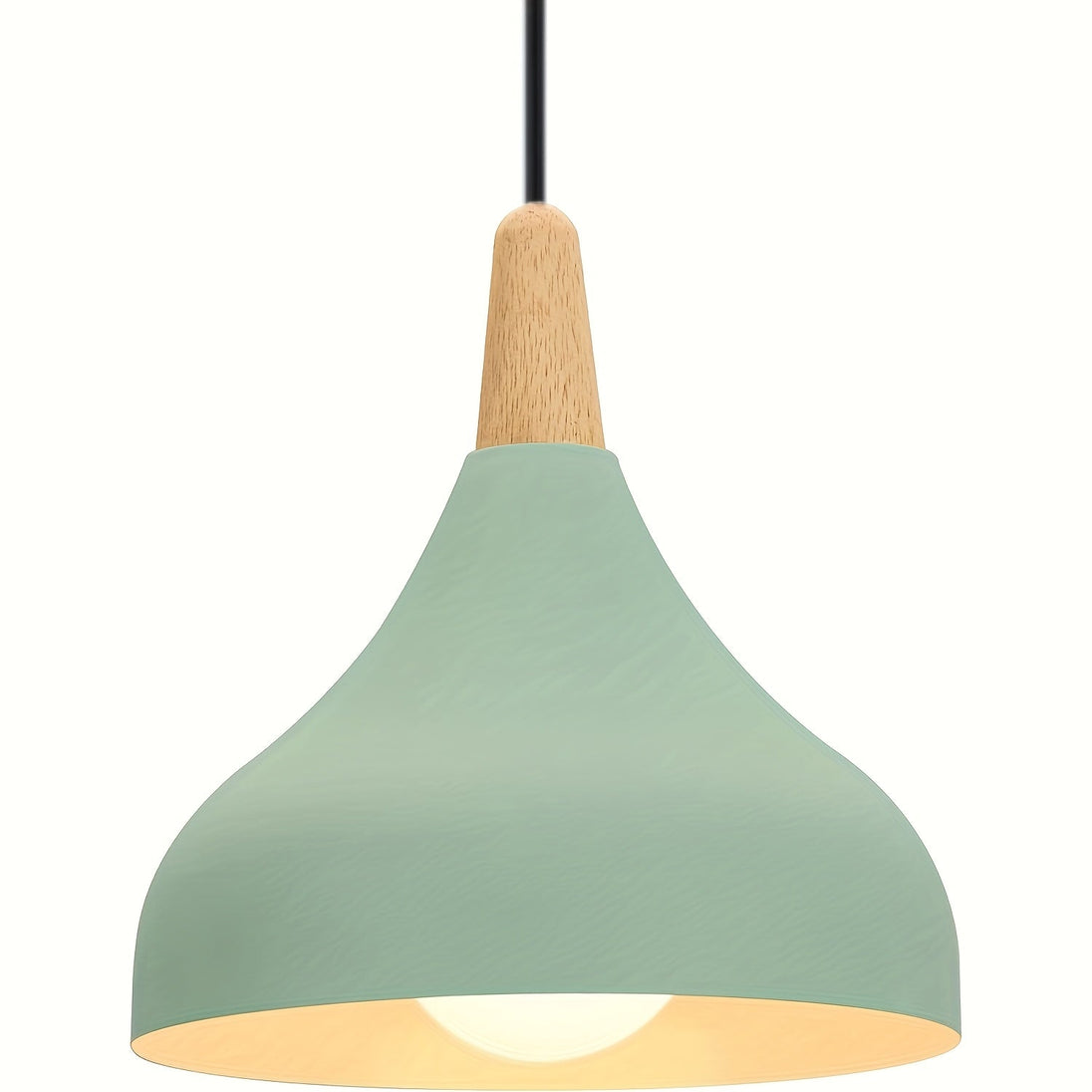 Teardrop Metal Pendant Light with Wood Accent – Green