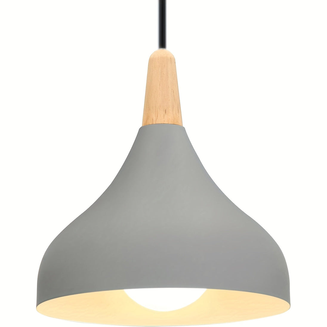 Teardrop Metal Pendant Light with Wood Accent – Grey